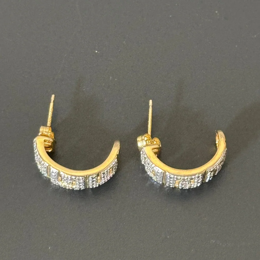 925 Gold Tone Greek Key Pavé Crystal J-Hoop Earrings Geometric Meander Half Hoop